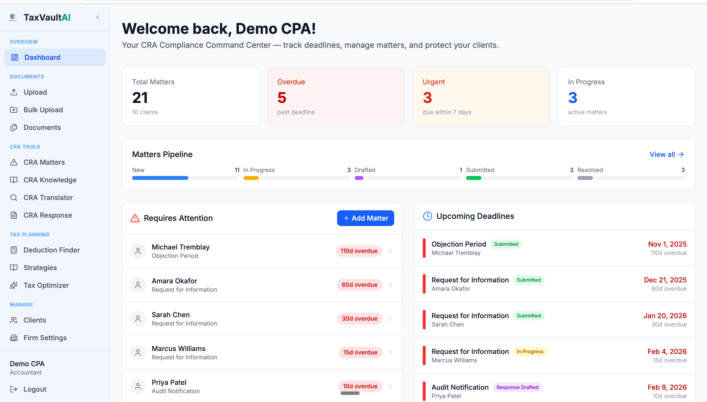 TaxVaultAI Dashboard — CRA compliance tracking for accountants